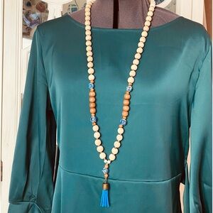 Handmade Mala with Chinoiserie and Natural Wood Beads.